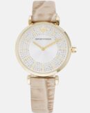 Emporio Armani Gianni T Bar Crystals Silver Dial Brown Leather Strap Watch For Women - AR11518